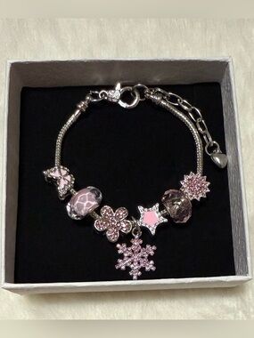 Stainless Steel Pink Crystal Snowflake Charm Bracelet